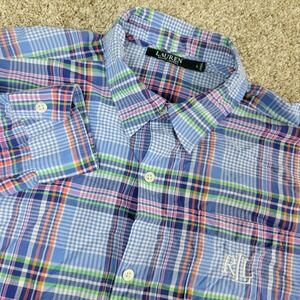 Lauren Ralph Lauren Mens Large Blue Multicolor Plaid Stretch Button Up LS